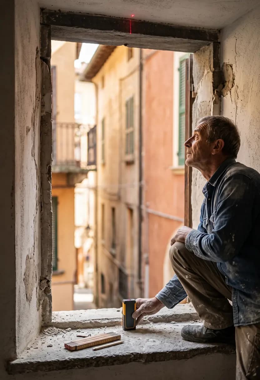 Un artigiano appoggia il misuratore laser sul davanzale e legge l'altezza del vano, con il punto rosso che segna l'architrave: lo stesso rilievo che diventa dato nella commessa.